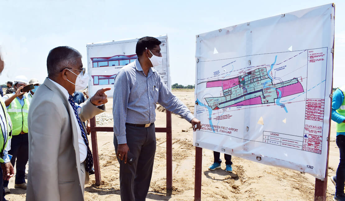 Governor Brig. (Dr.) B.D. Mishra (Retd.) reviews the physical progress of Hollongi Airport