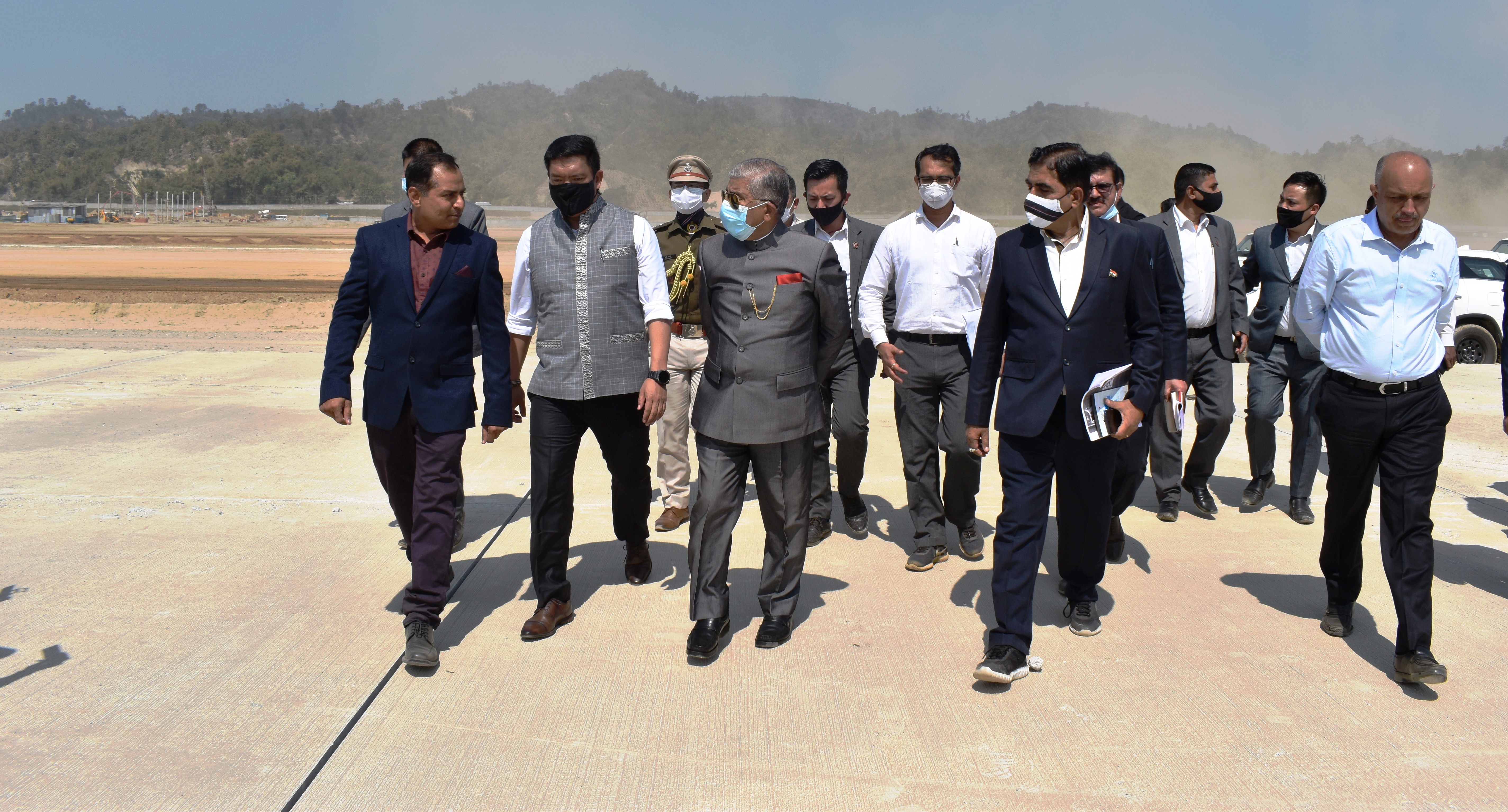 Governor Brig. (Dr.) B.D. Mishra (Retd.)  and Chief Minister Pema Khandu with MLAs, CS and airport officials reviews the progress of Greenfield Hollongi Airport